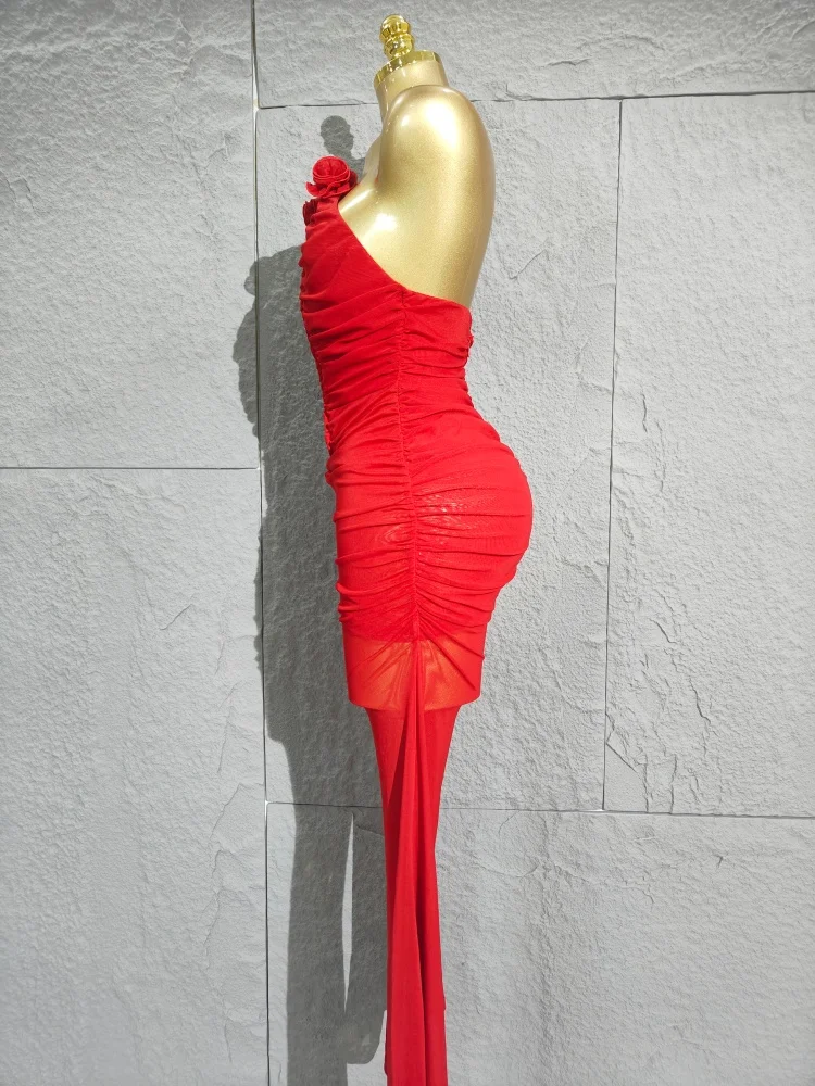 섹시한 레드 메쉬 러치드 스트랩리스 백리스 바디콘 점프수트 여성 셀럽 우아한 디자이너 하이 스트리트 팬시 클럽 롬퍼