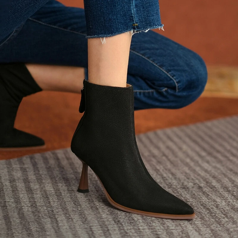 NEW Fall Shoes Women Pointed Toe High Heel Shoes Genuine Leather Shoes Thin Heel Ankle Boots for Women Sexy Zipper Modern Boots