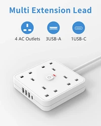 UK Plug Power strip Expansion socket with 4 AC sockets 3 USB and 1 Type C port 1.8m extension cord for home office dorms