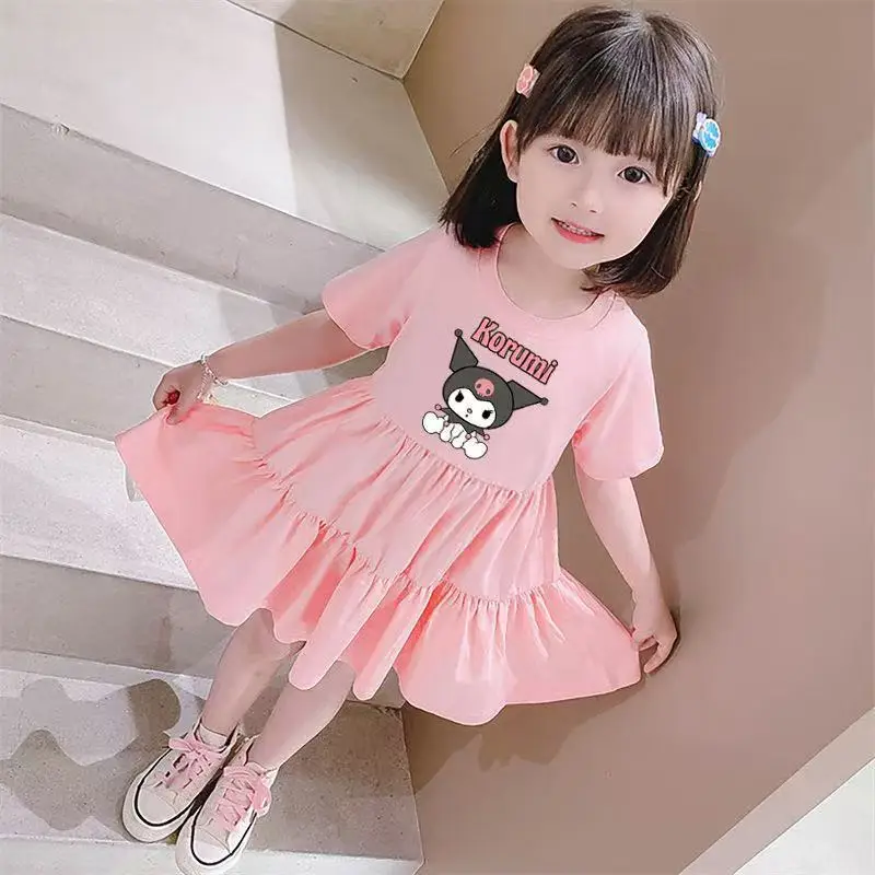 

Miniso Kuromi Summer Baby Girls Cotton Dress Kawaii Kid Children Printed Short Sleeve Clothes Cartoon Cute Princess Dresses Gift