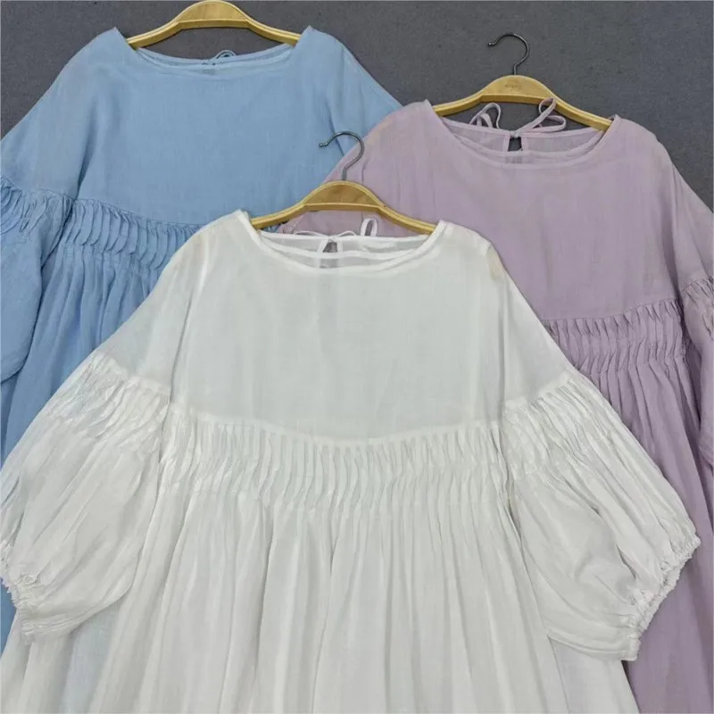 Johnature 2024 New Pressed Loose Double Dresses Vintage Puff Sleeve Cotton Linen Casual Vintage Dresses Women Summer