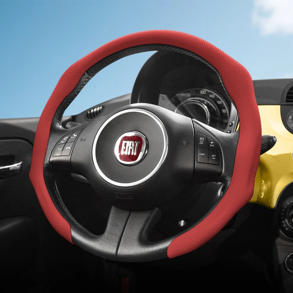 Adecuado para funda de volante de cuero perforado Fiat, antideslizante, absorbente del sudor, transpirable, funda protectora integrada a presión Topolino 600 Hybrid Grande Panda Elektro 500 Punto Tipo Ducato 124 Spider 500L Freemo