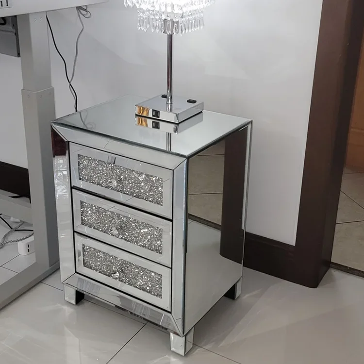 Stylish silver mirror bedroom bedside table home living room sofa ornament glass drawer storage cabinet