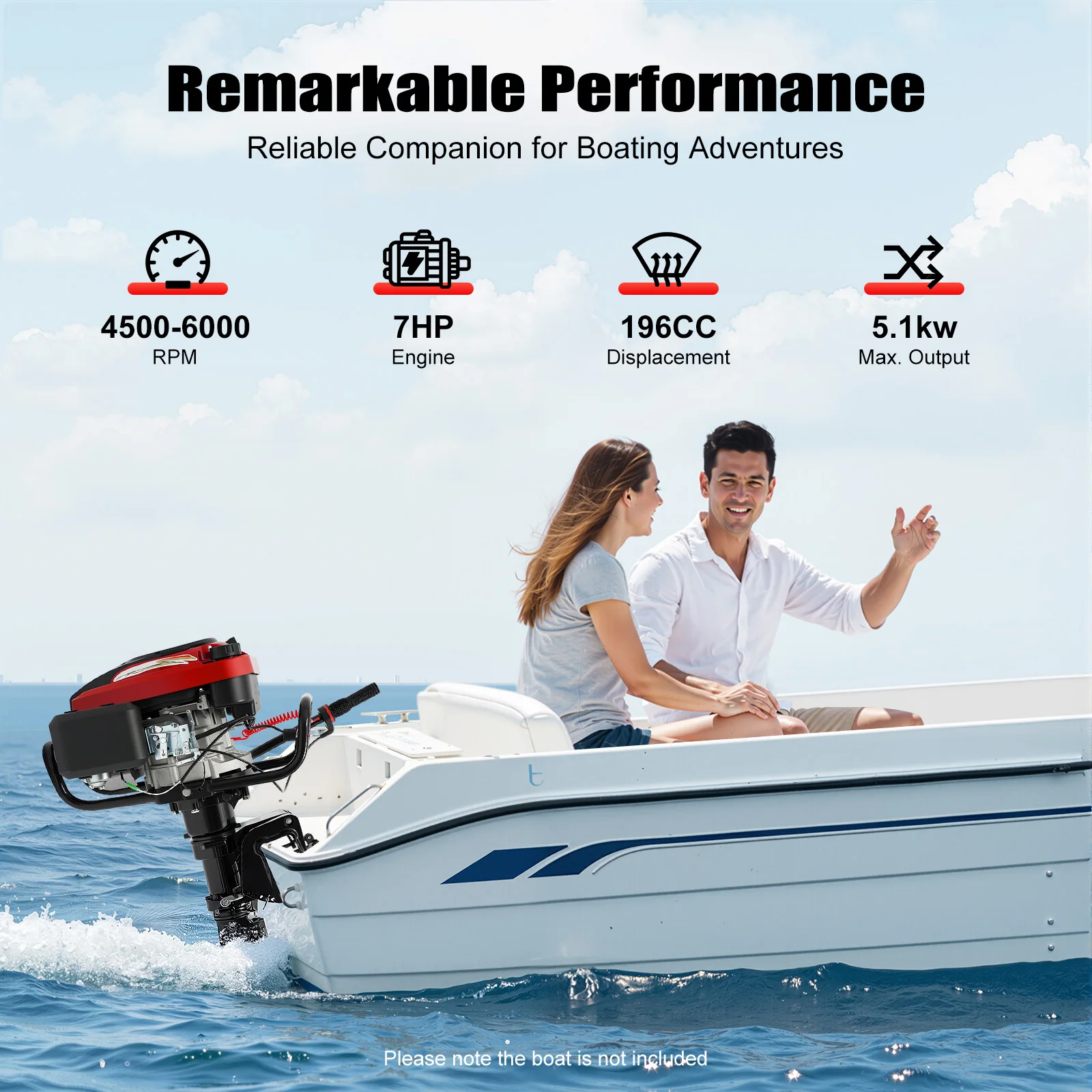 

7HP 4 Stroke Powerful Outboard Motor for Boats Stern Plate Height ≤22", 196cc, 6000r/min, 2.08 Oil Ratio, 1.4L Tank, 3 Gears