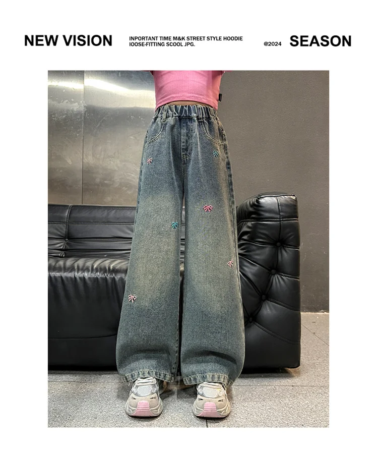 Heißer Verkauf: Modische Jeans mit Schleifenstickerei für Mädchen im Teenageralter, lässige gerade Jeanshose für Teenager, modische Jeanshose für Kinder – Detail 7