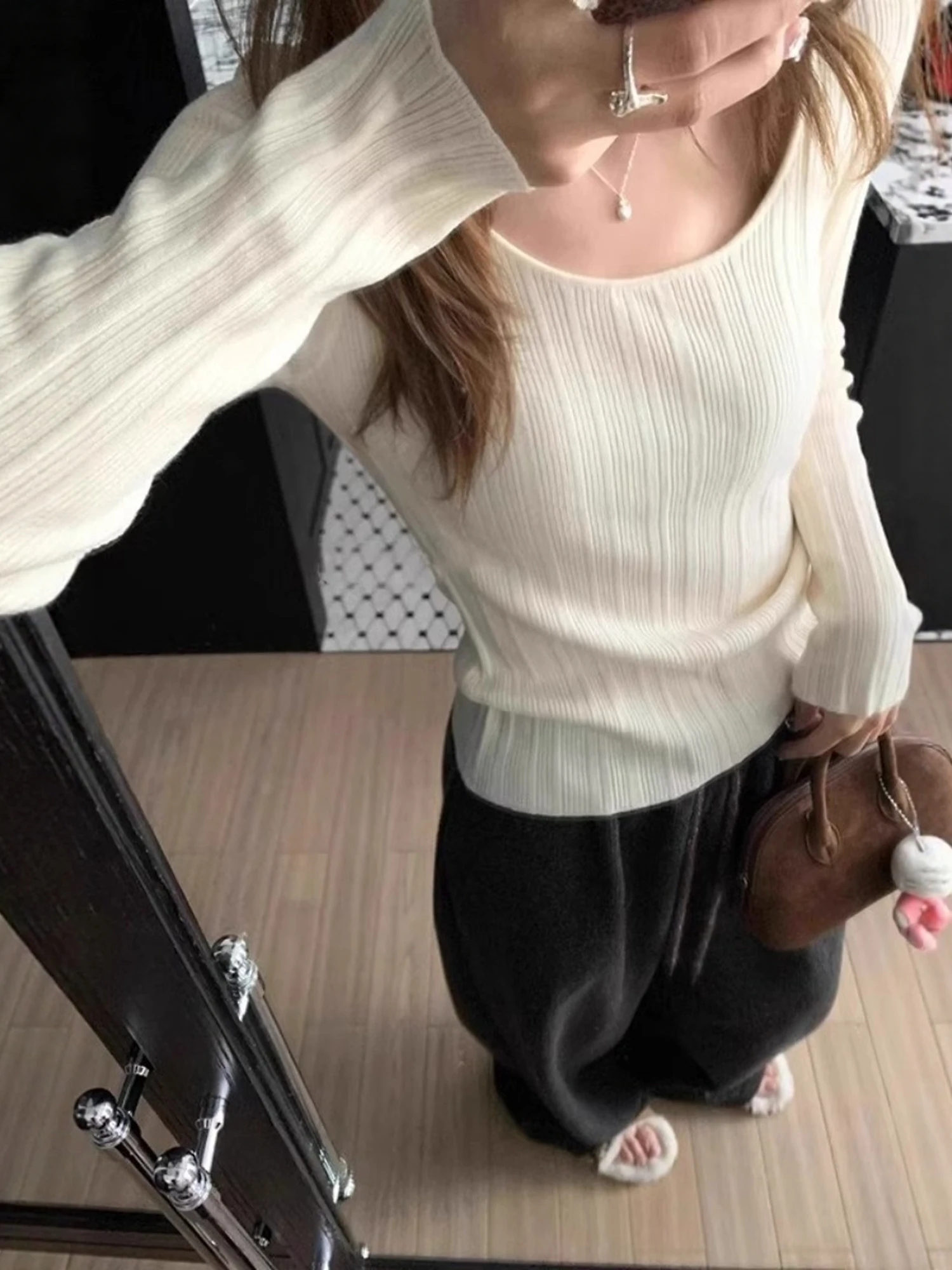 Spicy Girl Long Sleeve Knitted U-Neck Slim Fit Base Shirt Striping Design Spring Autumn Soft Comfortable Daily Wear T-Shirt