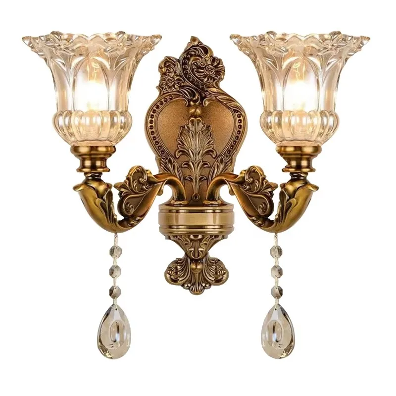 

European Retro Crystal Glass Walls Light Double Headed Living Room Bedroom Bedside Lamp Corridor Aisle Mirror Front Wall Lamp