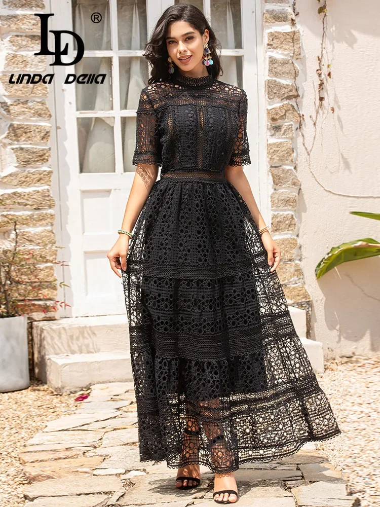 LD LINDA DELLA Fashion Designer Summer Dress Women's Short sleeve Hollow out Embroidery Black Long vintage Party Dress