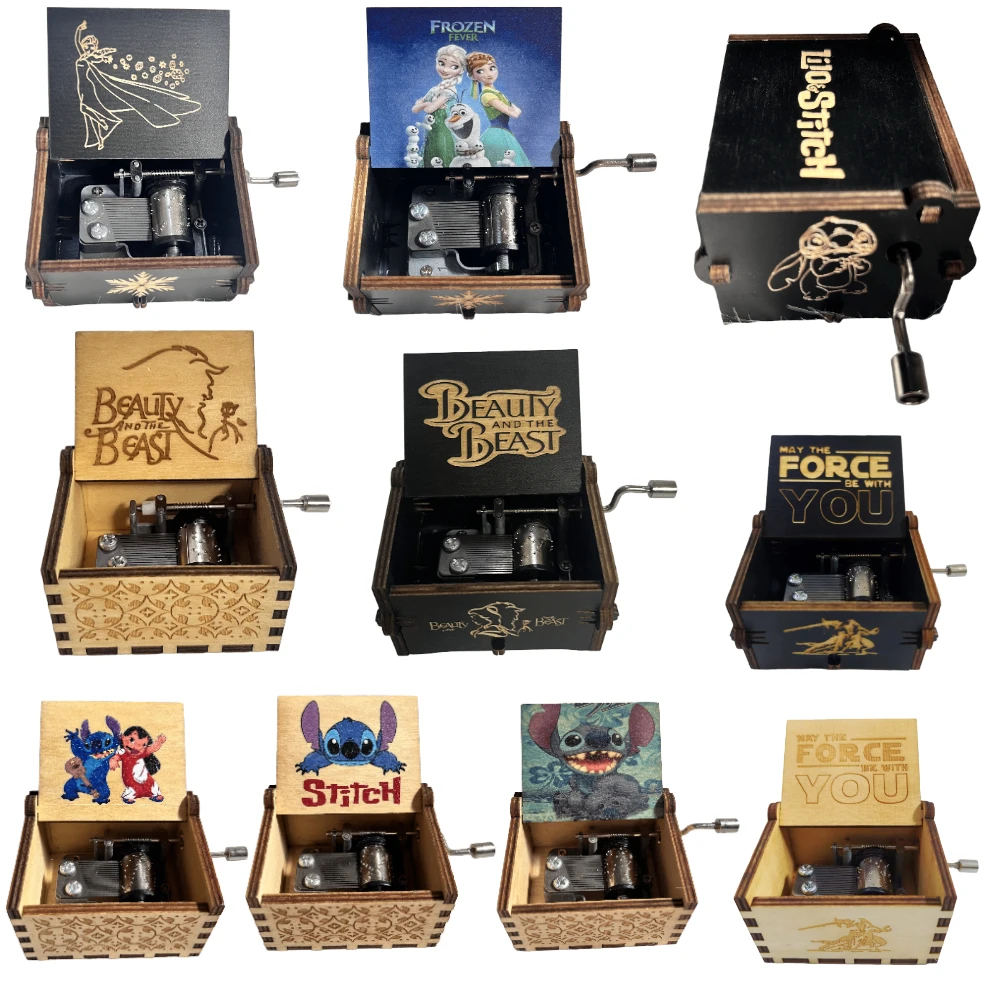 Disney Anime Frozen Stitch Wood Music Box Retro Hand Cranked Home Decoration Carved Musical Box Christmas Birthday Gift for Kid