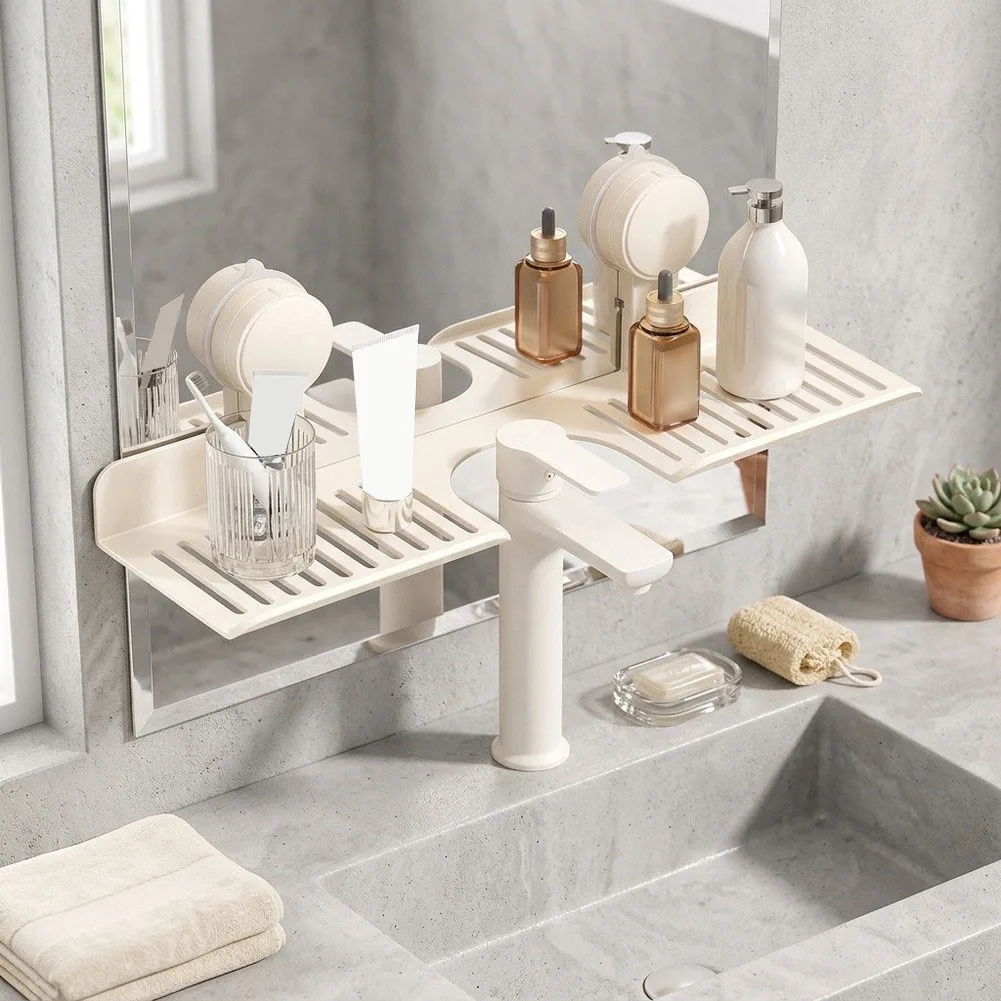 Floating Organizer Shelf for Bathroom Sink No-Drill Suction Mount Aluminum Iron Alloy Waterproof 40x15x6cm U-Shaped Slot