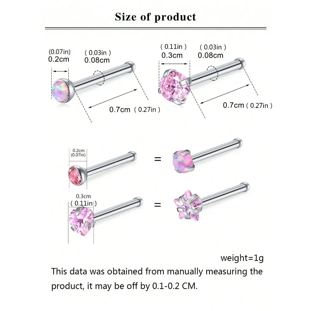 6Pcs Pink Nose Studs Nose Rings 20G L Corkscrew Bone Nose Ring Stud Stainless Steel Nose Screw Studs Nostril Piercing Jewelry