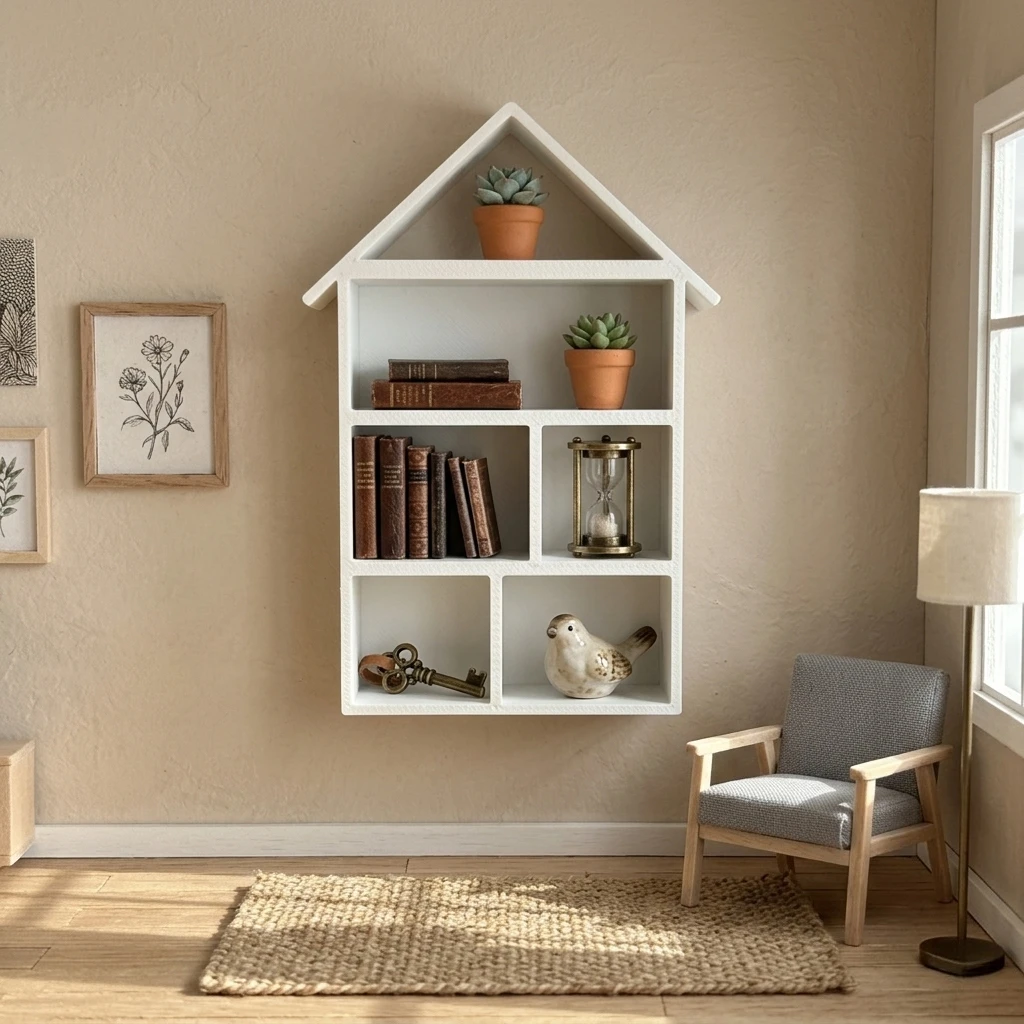 1 Stück Miniatur-Regal in Hausform, vielseitiges kleines Bücherregal für Mini-Hausmöbelzubehör – Detail 7