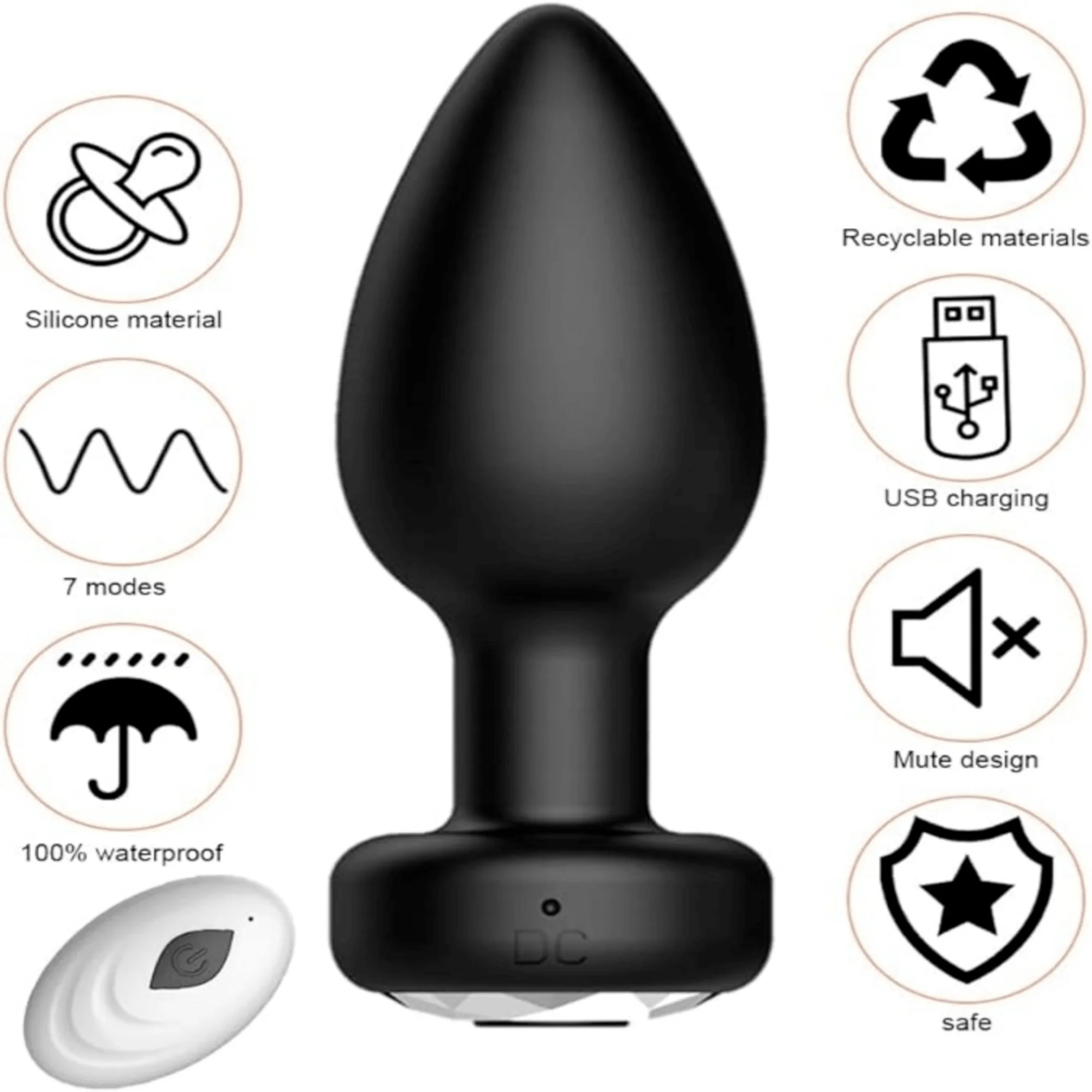 10 modes of anal vibrator made of silicone material, black, ultra-high frequency, USB connection, remote control, 10 modes of fr