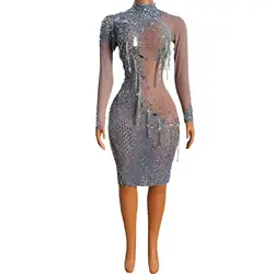 Vestido de malha prateado brilhante com strass e correntes, roupa sexy para comemoração de aniversário, fantasia franja, clube noturno e show, Dahan