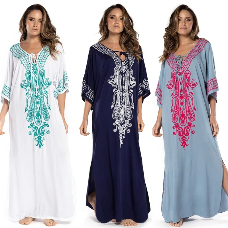 Embroidery Kaftan Beach Tunic Beach Cover up Saida de Praia Swimsuit Women Bikini cover up Pareo Sarong Beachwear #Q775