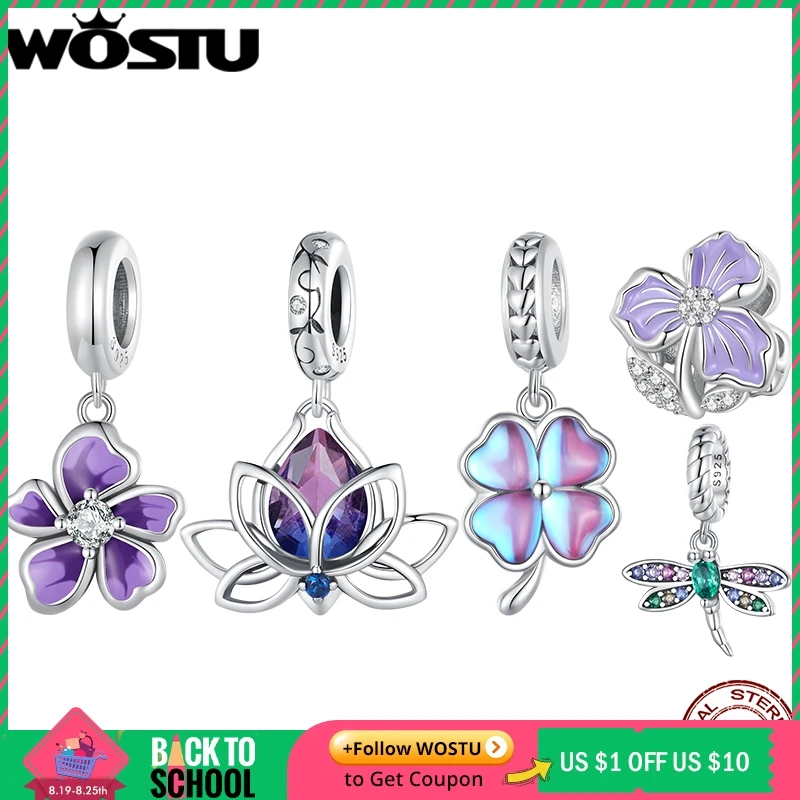 

WOSTU 925 Sterling Silver Purple Lotus Flower Charm Gradient Clover Dragonfly Pendant Fit Original Bracelet Bangle Accessories