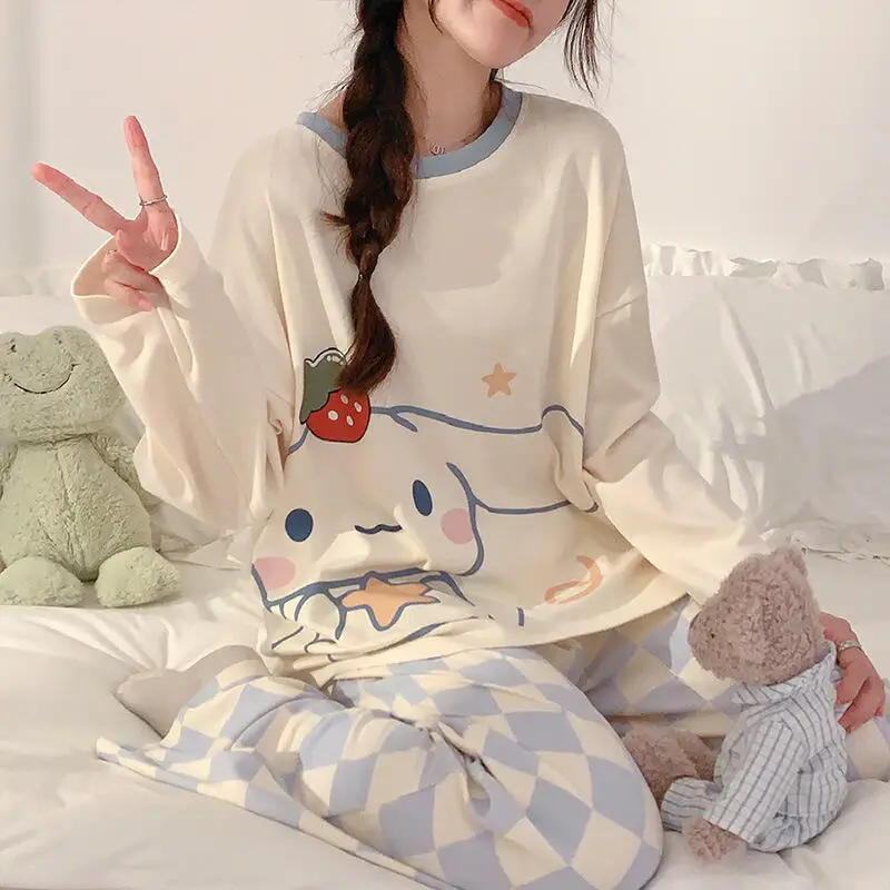 Cotton Pajamas Cartoon Kuromi Female Spring Autumn Homewear Cute Girls Sweet Long Sleeves Pants Large Size Lounge Clothes Suit
