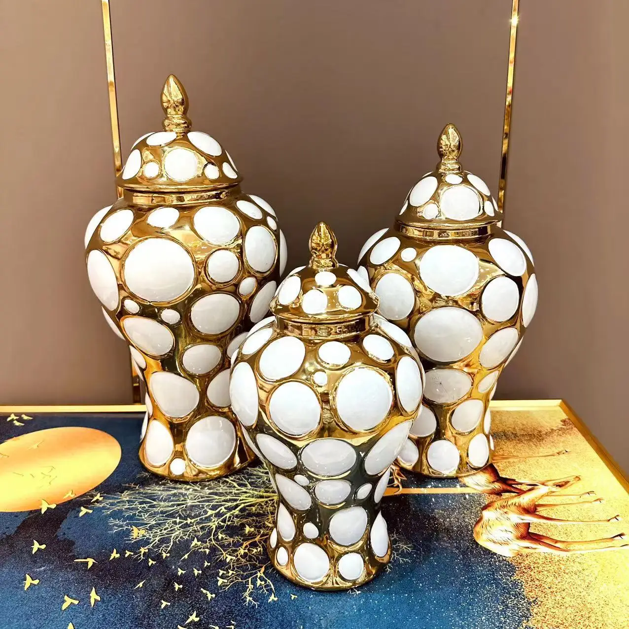 Gold and White Circles Ceramic Checkmate Can Ginger Jar Porcelain Artifact Flower Vase Storage Vases Pots Home Decoration