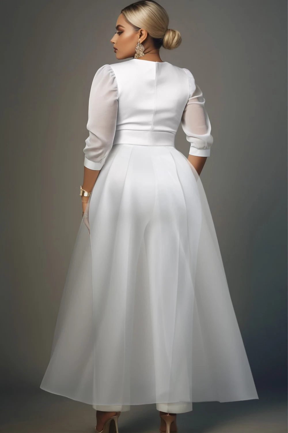 Plus Size Wedding Organza White Elegant V Neck 3/4 Sleeve Detachable Overskirt Pocket Satin Jumpsuits