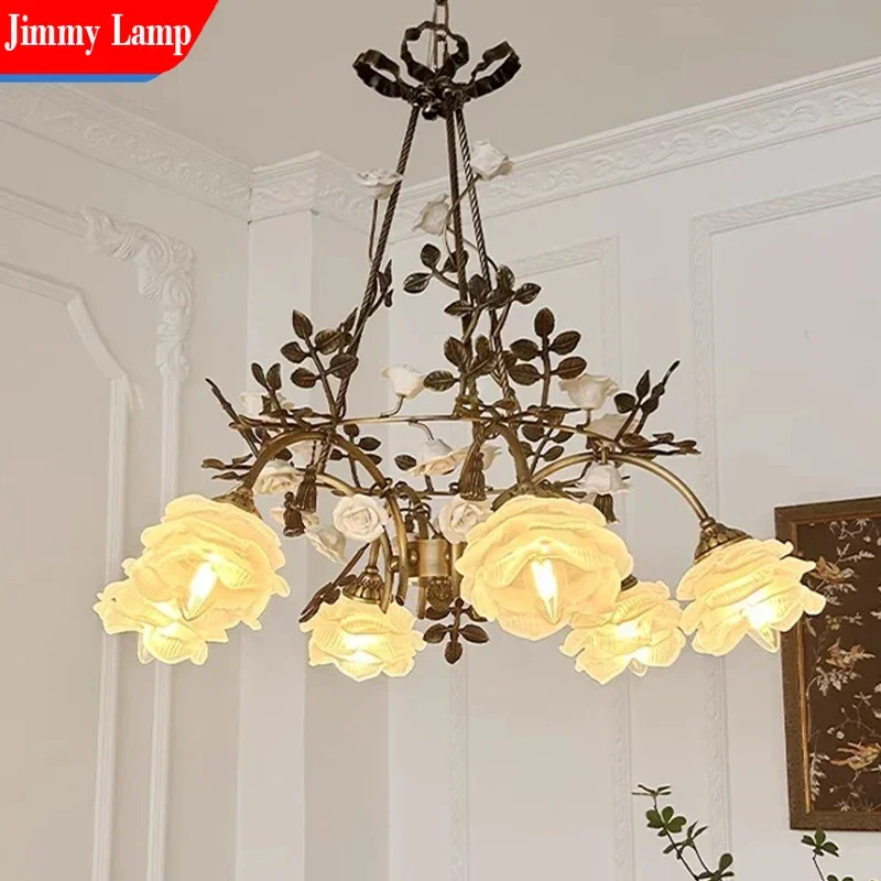 French all-copper chandelier antique living room dining room bud classical bedroom romantic rose copper flower lamp