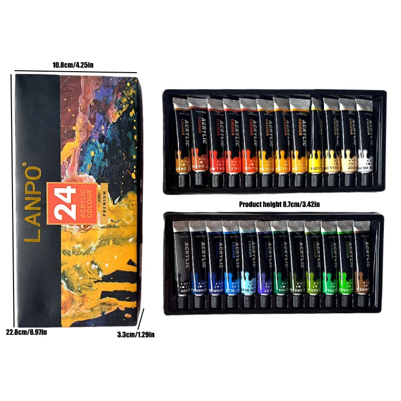 24 Color Acrylic Paint Set with Palette & Brushes, 12ml Tubes Waterproof Art Supplies for Painting Canvas & Wood Crafts