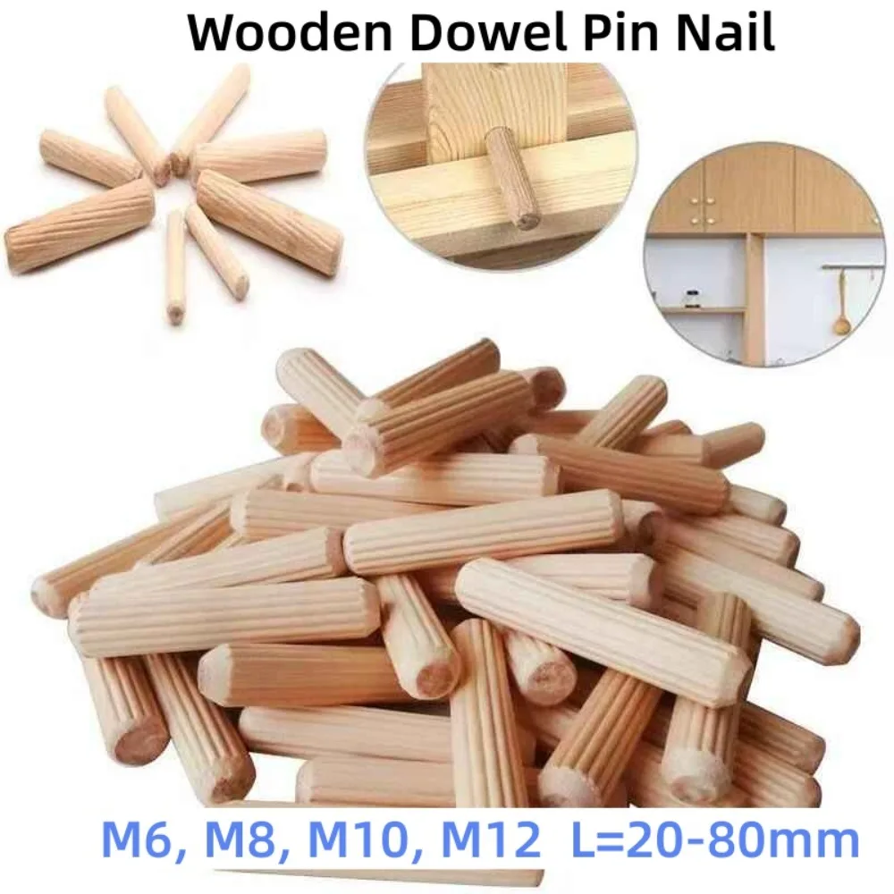 Fluted Wooden Dowel Pins, Grooved Round Wood Craft Dowel Rods M5 M6 M8 M10 M12, L=20-80mm Furniture Connector Tenon Pin