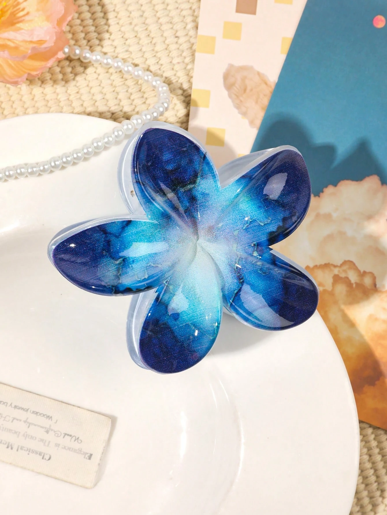1 Stück Blaue Blumen-Haarspange mit Marmormuster, Europäischer und Amerikanischer Frischer und Süßer Eierblumen-Haarclip, Hochwertige Haifischklammer H