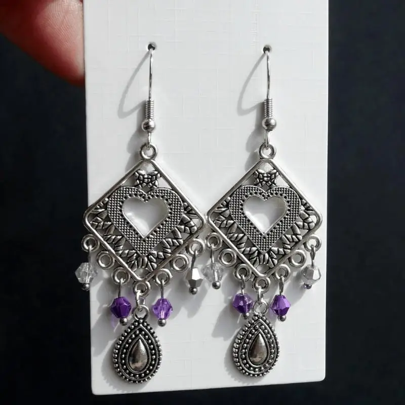 Bohemian Silver Flower Drop Earrings Vintage Hollow Out Ethnic Style Dangle Earrings For Women Jewelry