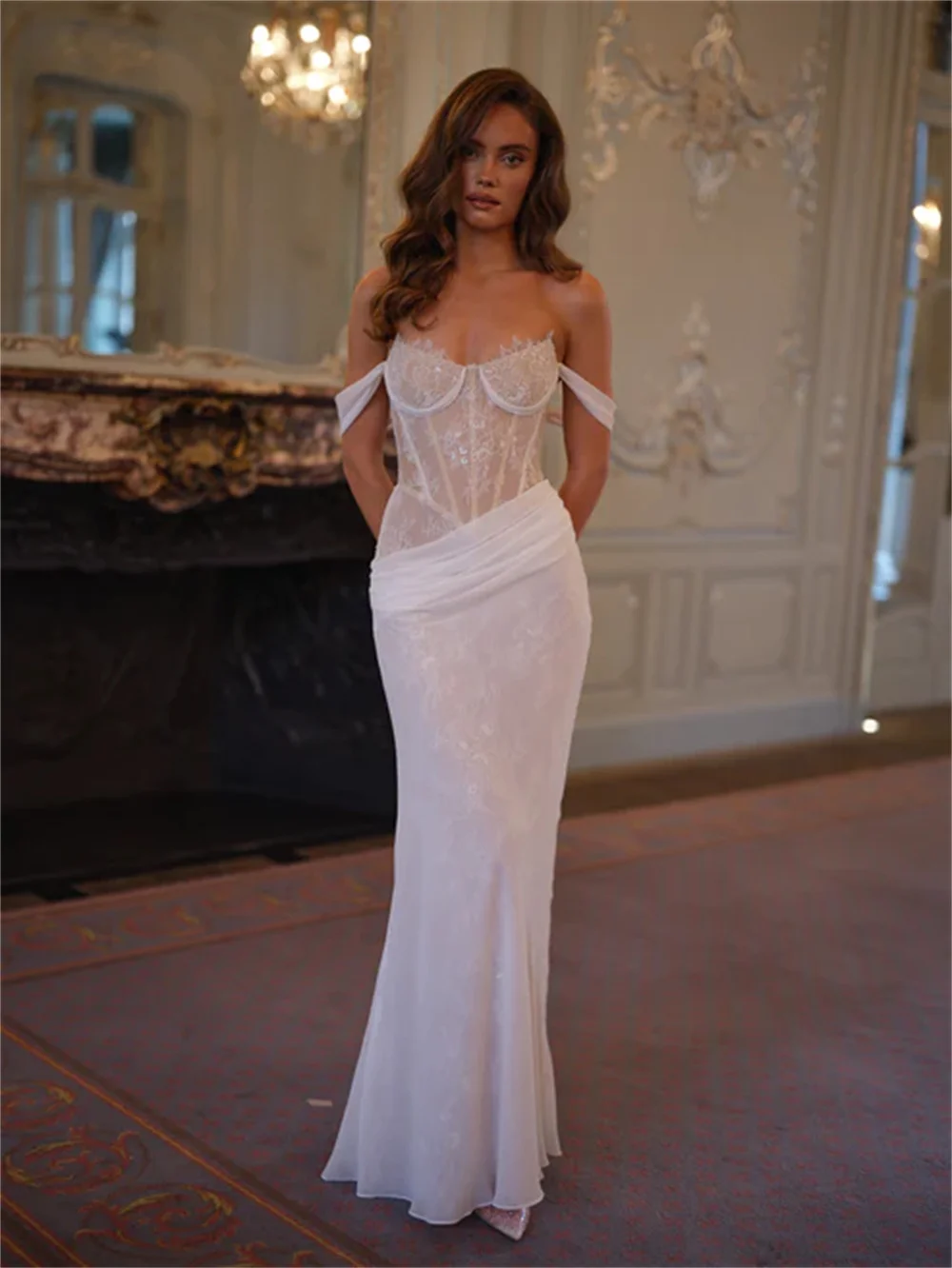 ชุดแต่งงานแบบเรียบง่ายเปิดไหล่ทรงหวานประดับลูกไม้เต็มตัว คอร์เซ็ทสั่งตัดได้ ปี 2026 รุ่น Rode De Morrie