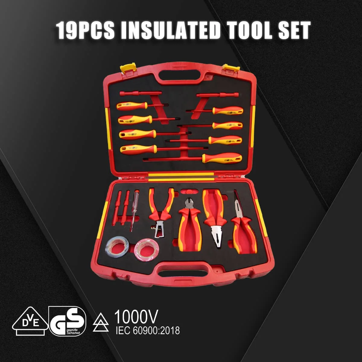 SFREYAS680‑19 19PCS VDE Insulated Electrician Tool Set,Includes Pliers,Sockets,Screwdrivers,Electrical Tape,Voltage Tester
