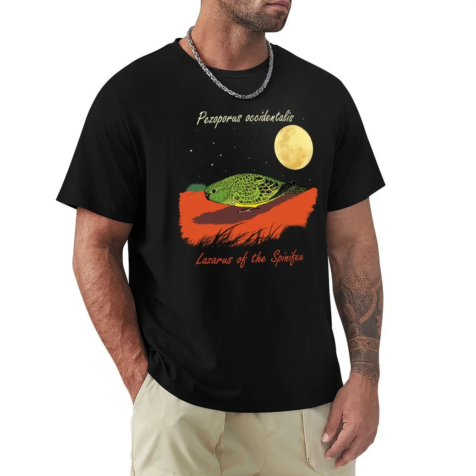 

Night Parrot, Pezoporus occidentalis, Lazarus of the Spinifex. T-Shirt oversized custom shirt summer shirt mens cotton t shirts