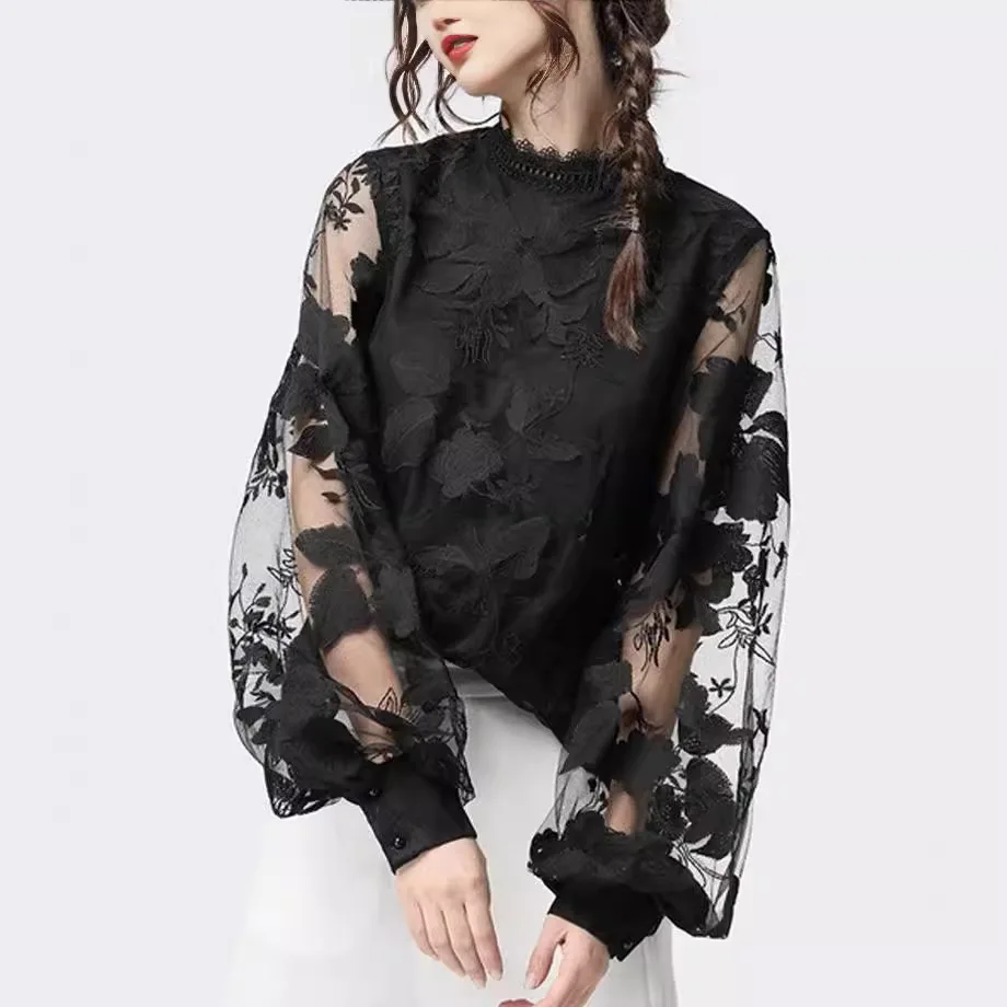 

New 2026 Women's Pure Color round Neck Lace Bubble Sleeve Transparent Shirt Long Sleeve Ladies Fashionable Casual Top Blouse