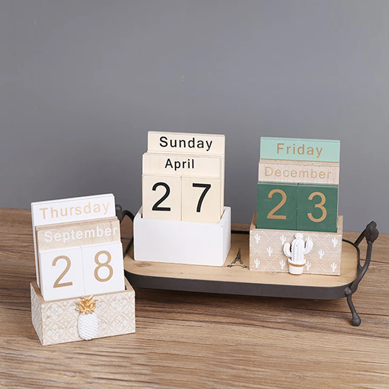 Vintage Wooden Perpetual Calendar Eternal Block Planner Photography Props Month Week Date Display Home Office Desktop Decoration