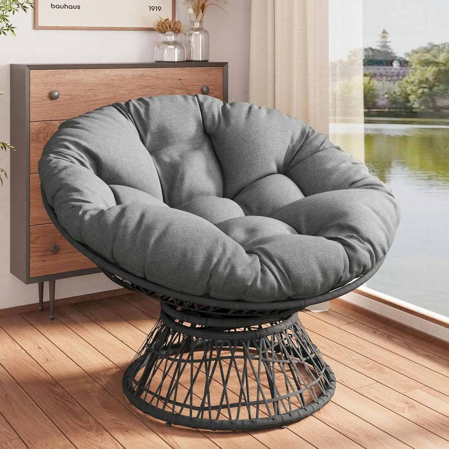 Oversized 360 °   Draaibare Papasan Patio Stoel met 6-inch dik kussen, handgeweven wicker eierenstoel voor binnen/buiten, balkon, achtertuin