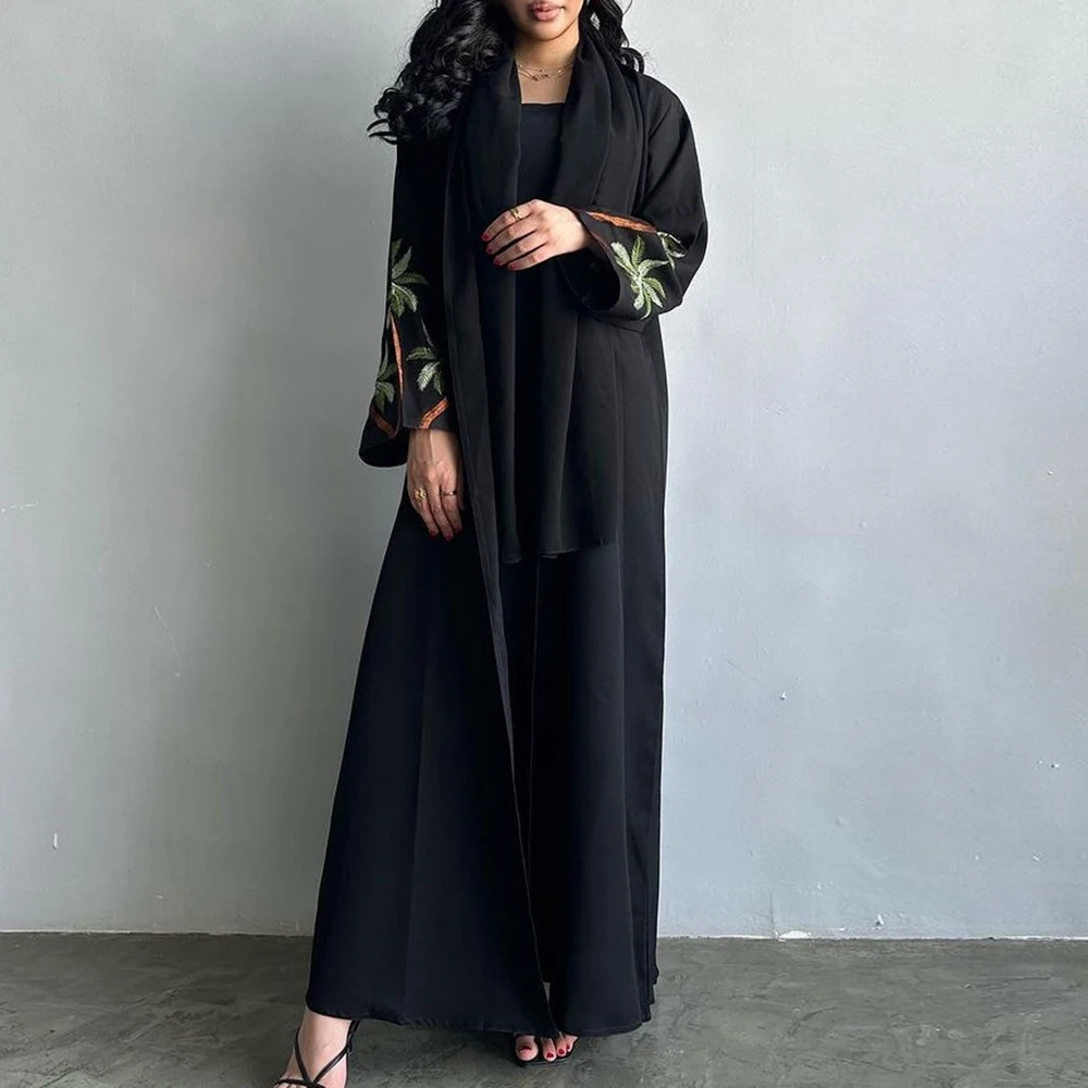 New 2024 Black Casual Open Kimono Abaya For Muslim Women Ramadan Eid Jalabiya Embroidery Long Sleeve African Moroccan Robe