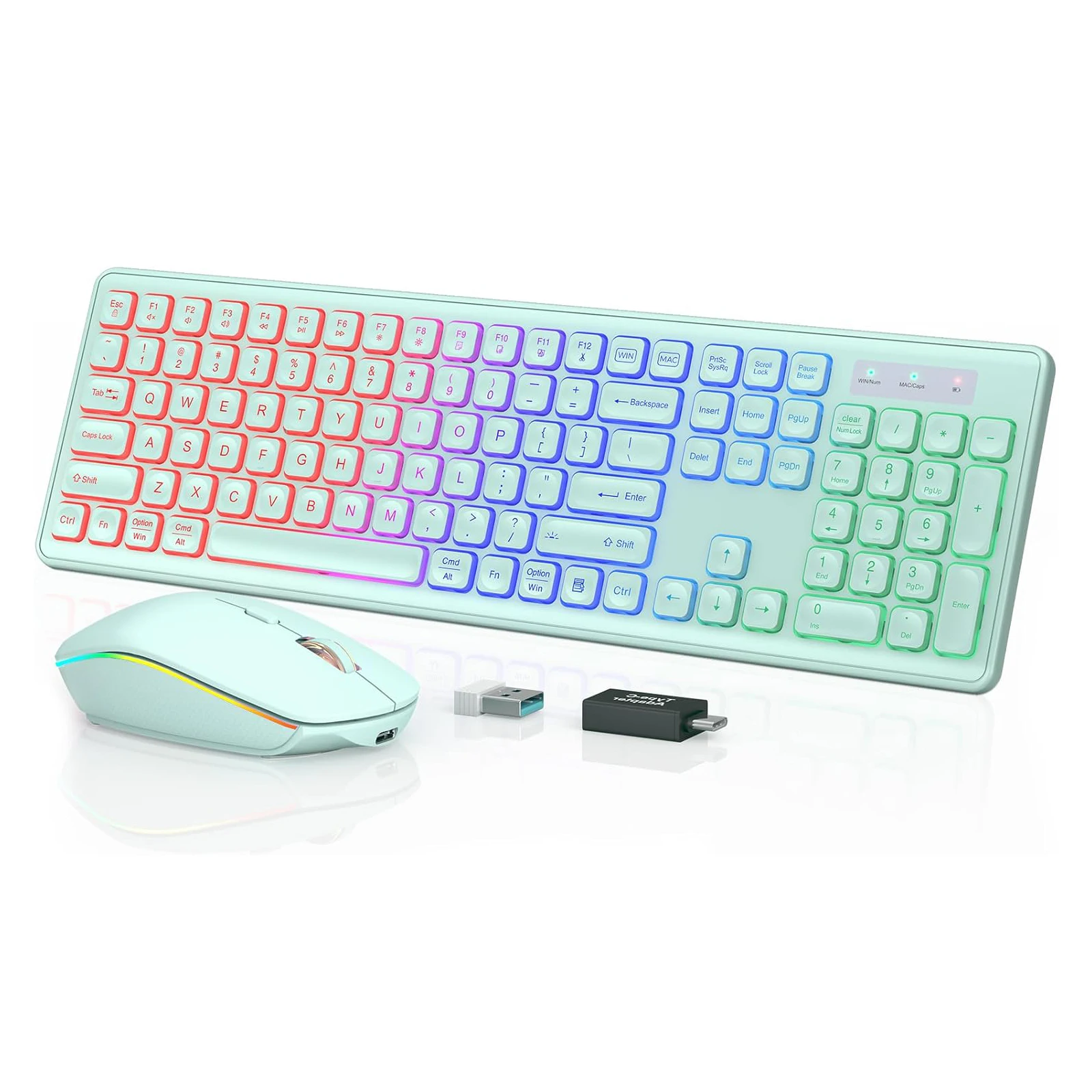 2.4G Wireless Keyboard Mouse Combo Full-Size Rainbow Backlit Light Up Letters Adjustable Brightness Gaming Mouse for Mac Windows