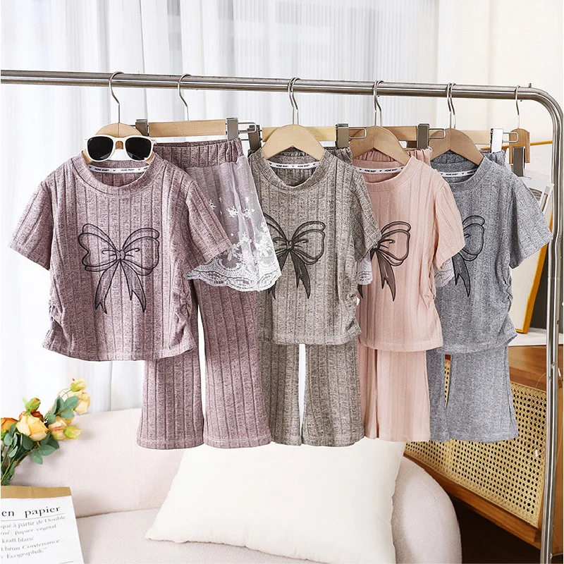 Girls Fashion Sets Summer Kids Bow T-Shirt + Mesh Lace Stitched Pants 2Pcs Children Clothes Suit Baby Short Sleeve Outfits 2-10Y
