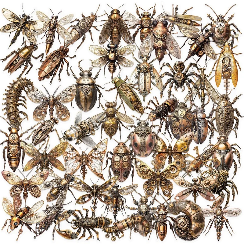 

50PCS Mechanical Insects Sticky PET Sticker Aesthetic Tear Open Transparent DIY Phone Laptop Luggage Skateboard Graffiti Decals