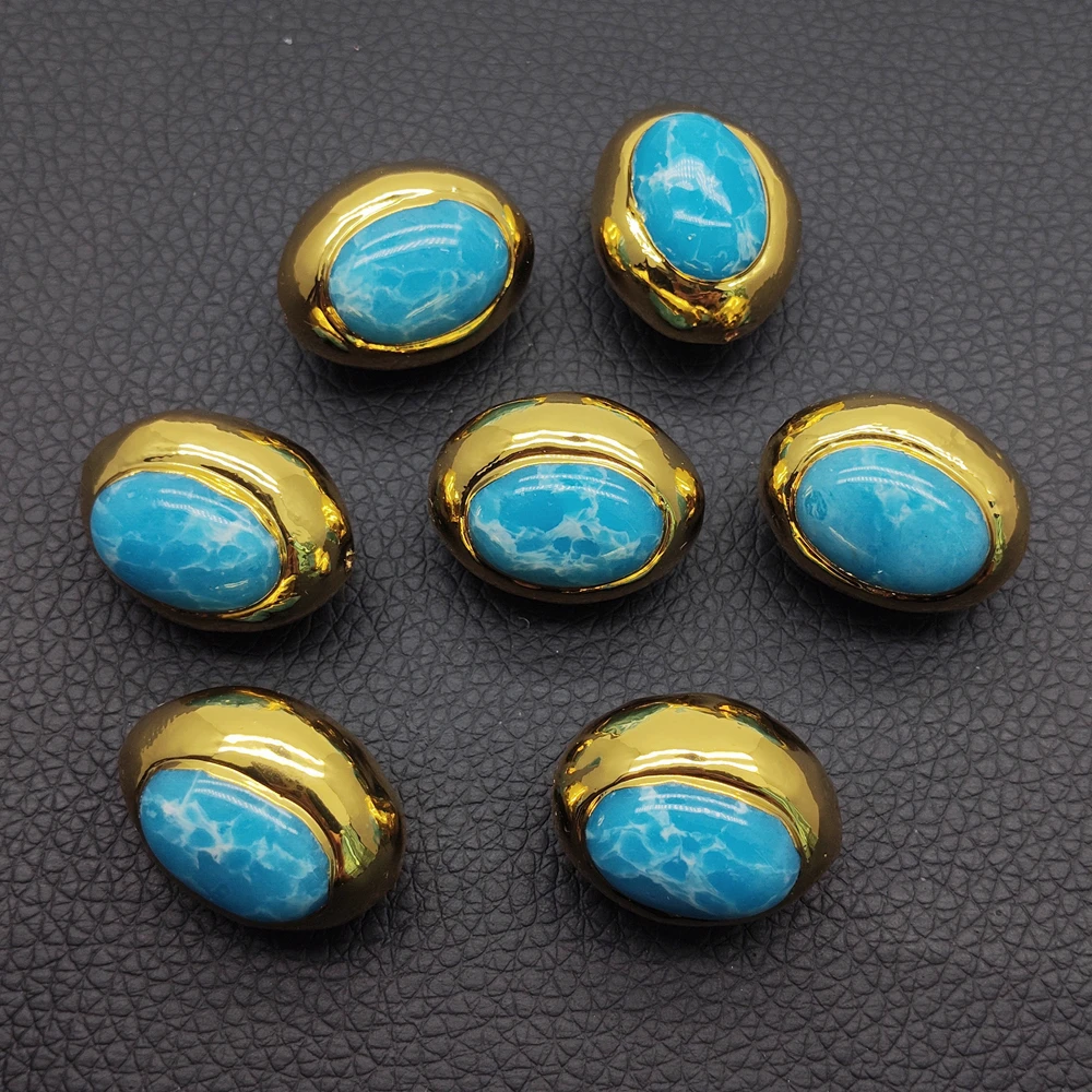 Wholesale 10 Pcs Blue Jade Egg Connector Gold Color Bezel Beads For Jewelry Making Findings