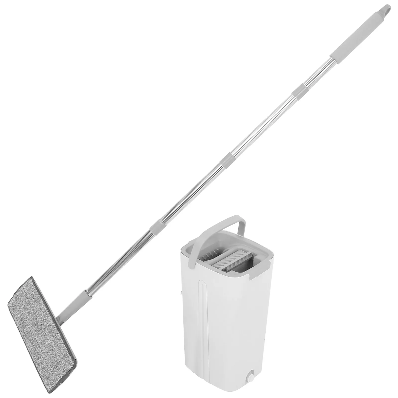 Flat Mop and Bucket with Wringer Set White Household Cleaning System for Wet Dry Floors Walls Windows Tiles Wood Carpets