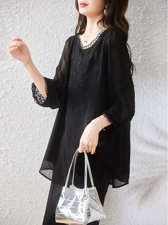 

Heavy Embroidery Chiffon irt Summer Slimming Large Size Women's Faionable Belly Covering Seven-Quarter Sve Thin Small ...