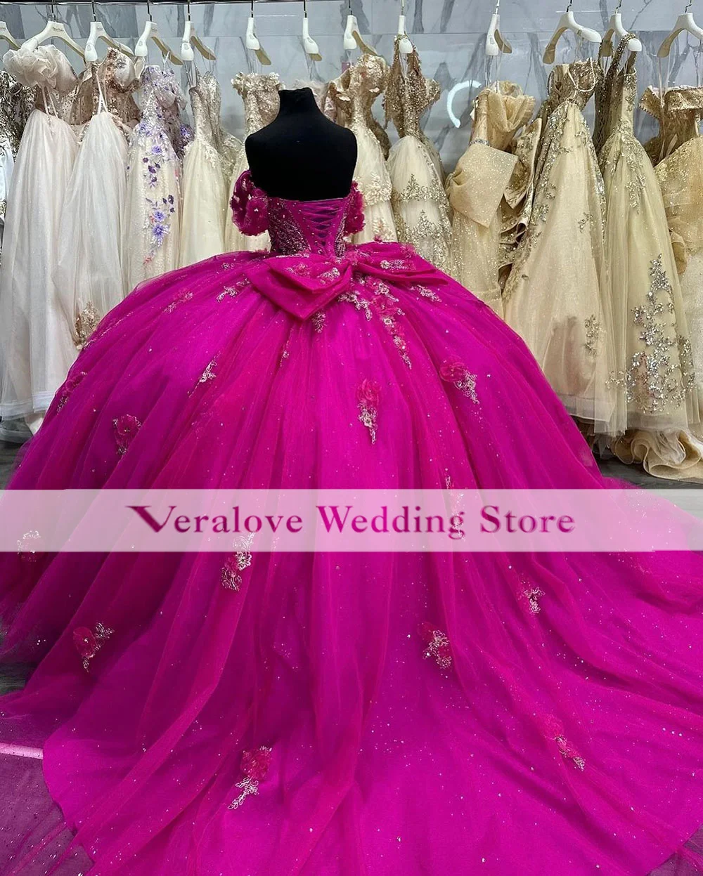 Veralove Hot Pink Quinceanera Dresses with Lace Charro Vestido De 15 Años 2024 Off the Shoulder Sweet 16 Prom Gowns Customized