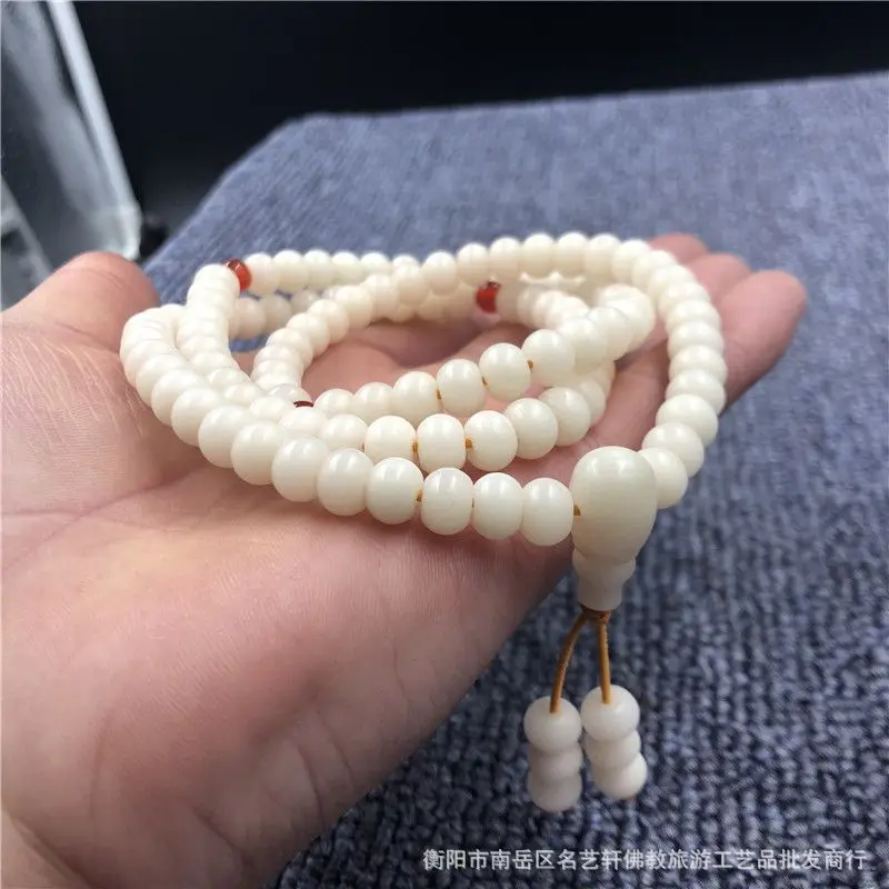 Craftsman Creation108White Corypha Umbraculifea Bracelet White Jade Bodhi Root Bracelet Apple round Red Agate Spacer Beads