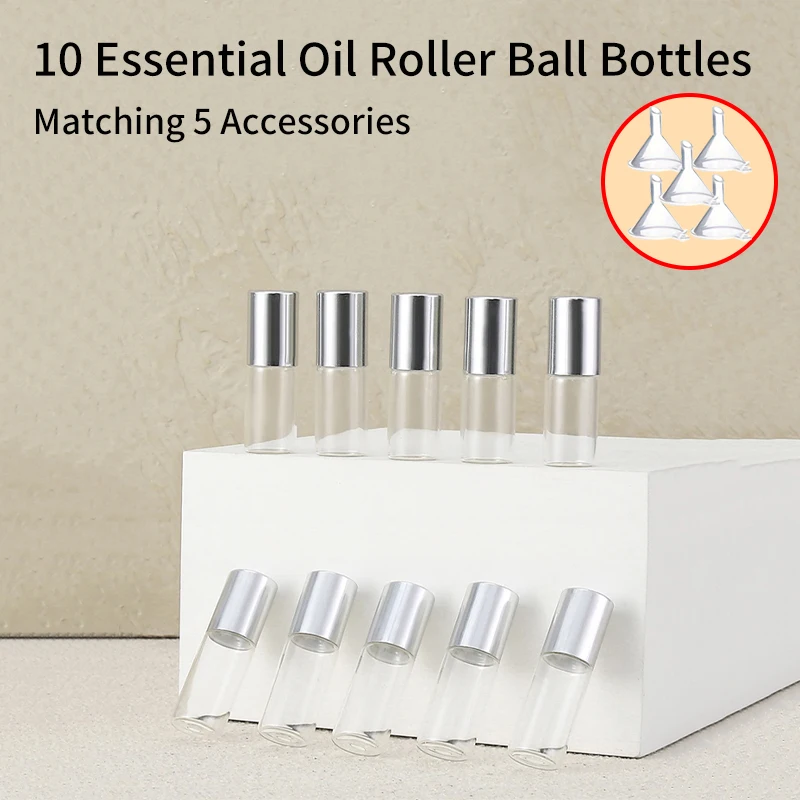 10Pcs+5 Accessories 3ml Essential Oil Mini Clear Glass Roller Ball Bottle with 10 Walking Bead Bottles, 5 Funnels.