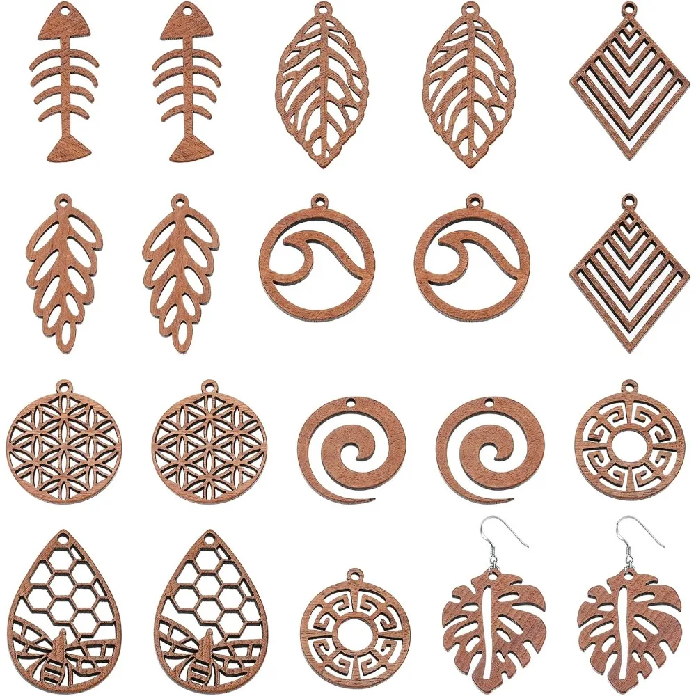 20Pcs 10 Styles Natural Walnut Wood Earring Charms Undyed Wood Pendants Hollow Leaf Flower Wood Charms for Earring Jewelry