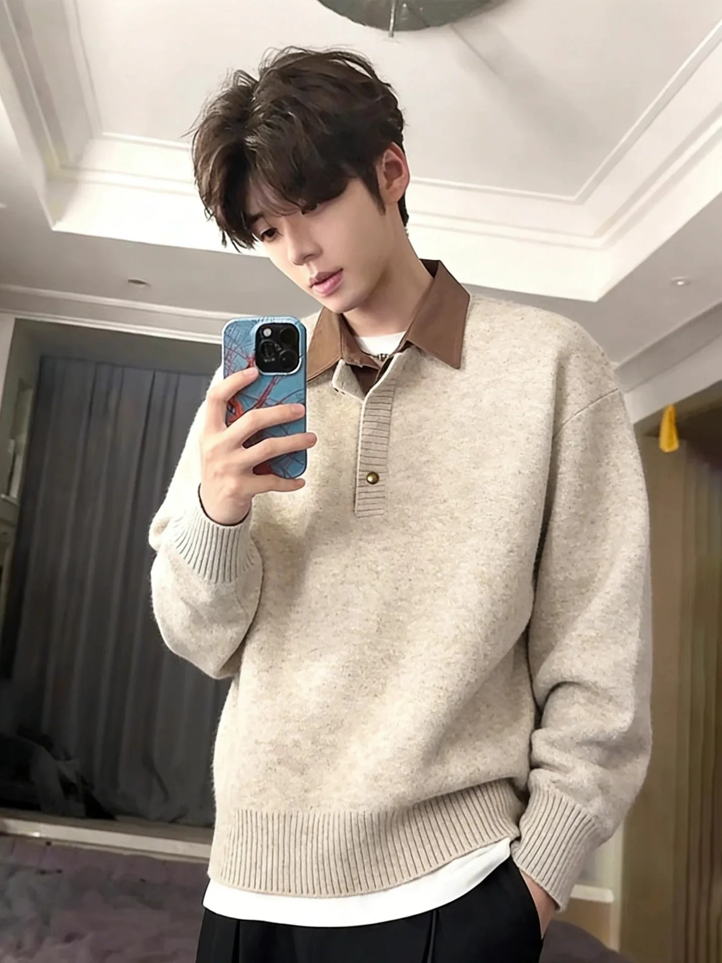 

Khaki American Sle Sweater Men's Winter Denim irt Collar Knitted Outerwear Casual Loose Fit Long Sve Inner Wear