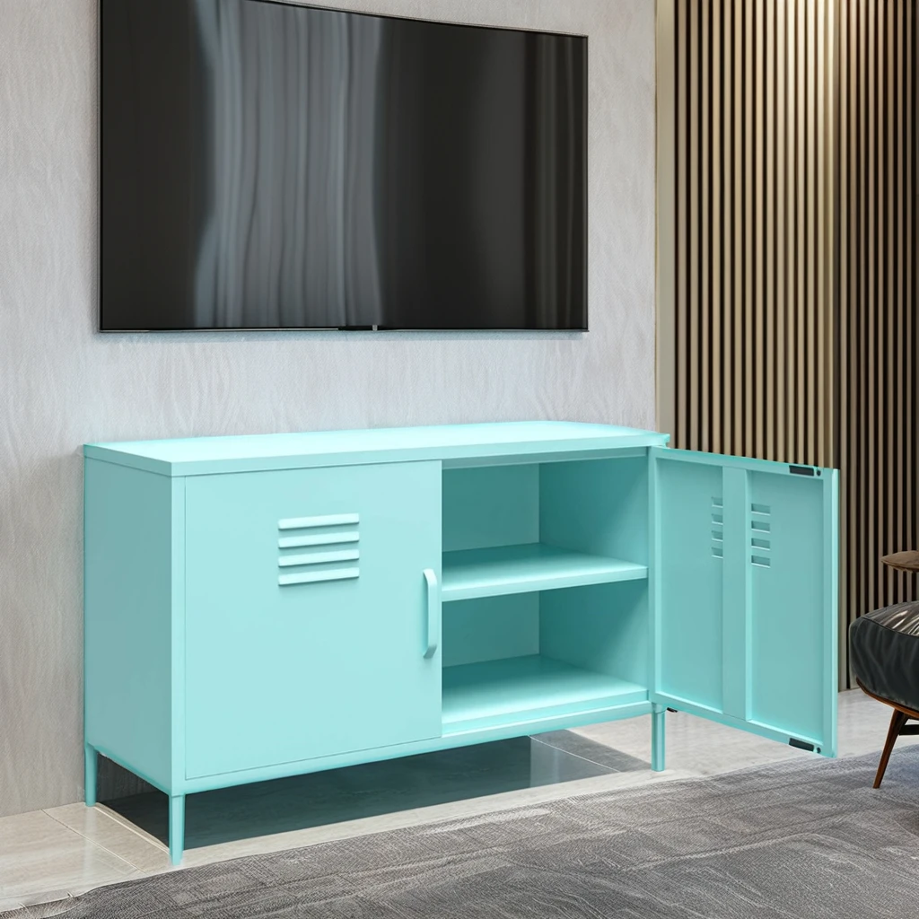 @Modern Metal TV Unit and Coffee Table Set Low-Profile Living Room and Bedroom Home Cabinet with Side Locker for Apartment Use
