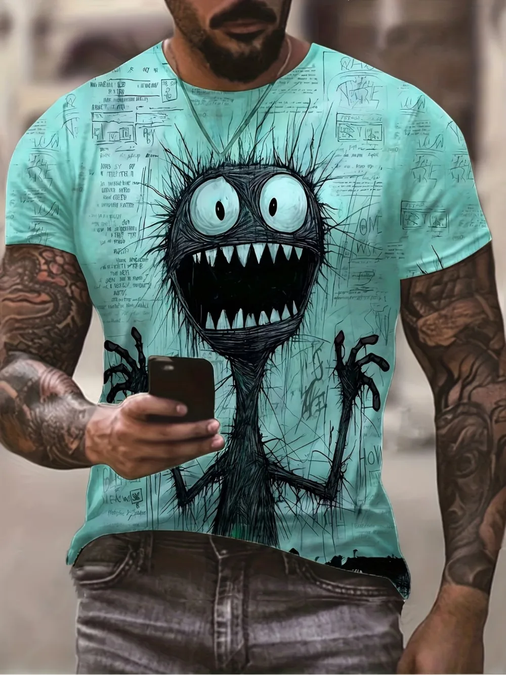 Fashion Doodle Monster Pattern Summer New Men's T-shirt 3D Print Casual Comfortable Breathable Quick-Dry Outdoor Sports Clothing