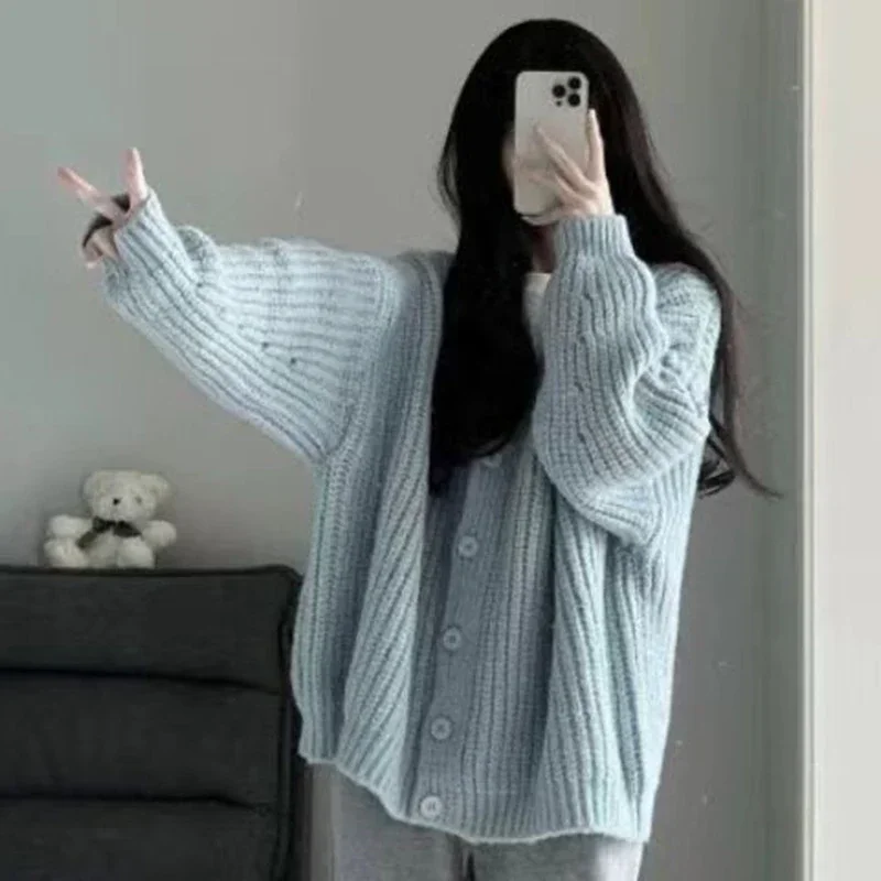 Rimocy Sweet Pink Knitted Cardigan Sweater Women Korean Long Sleeve V Neck Cardogans Woman Wild Button Up Jumper Coat Female