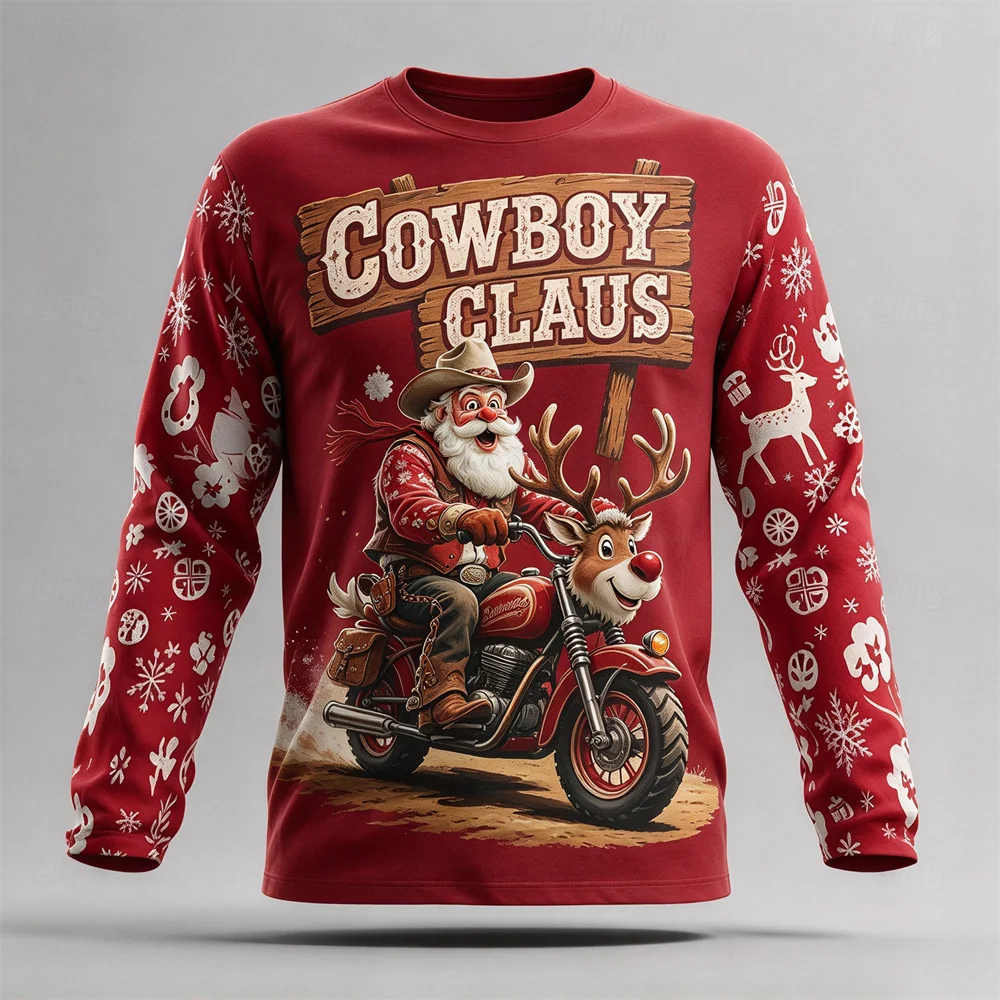Winter Men Ugly Christmas Long Sleeve T-shirt 3D Funny Letter & Santa Graphic Print Soft Cotton Tee Xmas Party Wear Holiday Gift